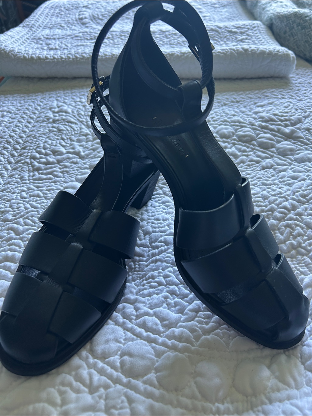 Maxmara Black Leather Woven T-Bar Ankle-Strap Block Heel Sandals